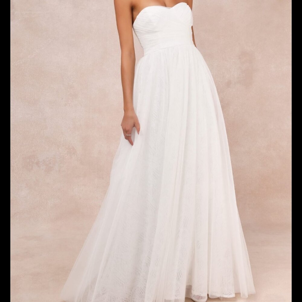 Lulus Blissful Forever White Tulle Lace Strapless Pleated Maxi Dress - Size L